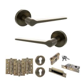 Senza Pari Laviano Door Handle Pack (Euro Lock Set - 3" CE Sashlock, 4" Fire Rated Hinges x3) - Antique Brass