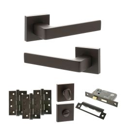 STATUS Montana Door Handle Pack (Bathroom Set - 2.5" CE Bathroom Lock, 4" Fire Rated Hinges x3) - Urban Dark Bronze