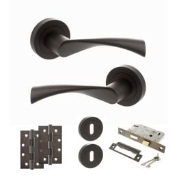 STATUS Colorado Door Handle Pack (3 Lever Lock Set - 2.5" CE Sashlock, 4" Slim Knuckle Hinges x2) - Urban Dark Bronze