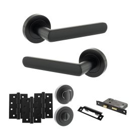 STATUS Carolina Door Handle Pack (Bathroom Set - 2.5" CE Bathroom Lock, 4" Fire Rated Hinges x3) - Matt Black