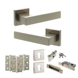 Senza Pari Panetti Door Handle Pack (Euro Lock Set - 3" CE Sashlock, 3" Fire Rated Hinges x3) - Satin Nickel