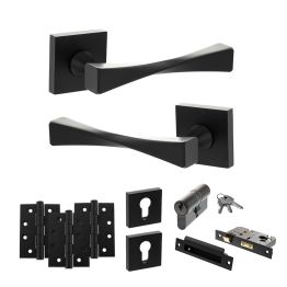 Senza Pari Guido Door Handle Pack (Euro Lock Set - 2.5" CE Sashlock, 4" Fire Rated Hinges x3) - Matt Black