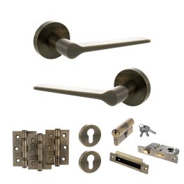 Senza Pari Laviano Door Handle Pack (Euro Lock Set - 3" CE Sashlock, 3" Fire Rated Hinges x3) - Antique Brass
