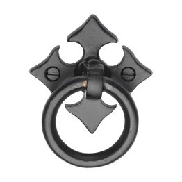 Black Iron Rustic Fleur-De-Lys Cabinet Ring Drop Pull