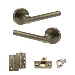 STATUS Nebraska Door Handle Pack (Latch Set - 3" CE Latch, 4" Slim Knuckle Hinges x2) - Antique Brass