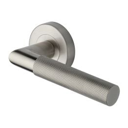 Heritage Brass Door Handle Lever Latch on Round Rose Bauhaus Mitre Knurled Design Satin Nickel finish