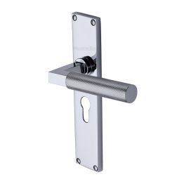 Heritage Brass Bauhaus Knurled Euro Profile Door Handle on 200mm Plate Polished Chrome finish