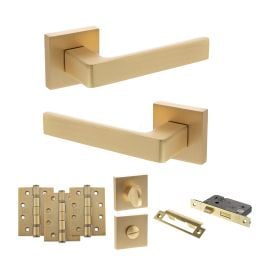 STATUS Montana Door Handle Pack (Bathroom Set - 2.5" CE Bathroom Lock, 4" Fire Rated Hinges x3) - Satin Brass