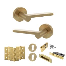 Senza Pari Darrio Door Handle Pack (Euro Lock Set - 2.5" CE Sashlock, 3" Fire Rated Hinges x3) - Satin Brass