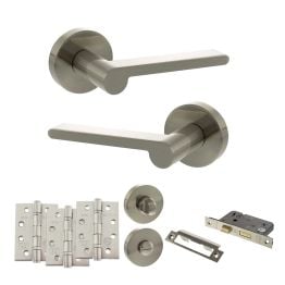 Senza Pari Darrio Door Handle Pack (Bathroom Set - 3" CE Bathroom Lock, 4" Fire Rated Hinges x3) - Satin Nickel