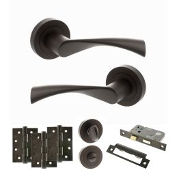 STATUS Colorado Door Handle Pack (Bathroom Set - 2.5" CE Bathroom Lock, 4" Fire Rated Hinges x3) - Urban Dark Bronze