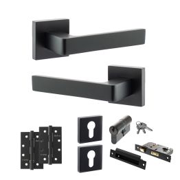 STATUS Montana Door Handle Pack (Euro Lock Set - 2.5" CE Sashlock, 4" Slim Knuckle Hinges x2) - Matt Black