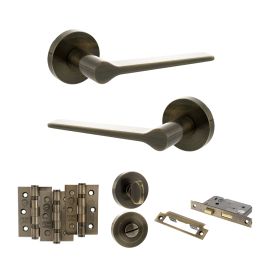 Senza Pari Laviano Door Handle Pack (Bathroom Set - 2.5" CE Bathroom Lock, 3" Fire Rated Hinges x3) - Antique Brass