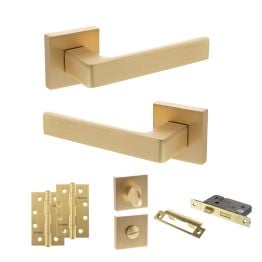 STATUS Montana Door Handle Pack (Bathroom Set - 3" CE Bathroom Lock, 4" Slim Knuckle Hinges x2) - Satin Brass