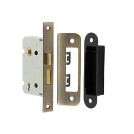 Jedo Kontrax 2 Lever Sashlocks with Square Forend & Radiused Strike Plate 65mm Antique Brass - By Frelan Hardware - JL470AB