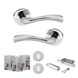 STATUS Texas Door Handle Pack (3 Lever Lock Set - 2.5" CE Sashlock, 4" Fire Rated Hinges x3) - Polished Chrome