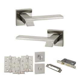 Senza Pari Giovanni Door Handle Pack (Bathroom Set - 3" CE Bathroom Lock, 4" Fire Rated Hinges x3) - Satin Nickel