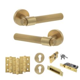 Senza Pari Andretta Door Handle Pack (Euro Lock Set - 3" CE Sashlock, 3" Fire Rated Hinges x3) - Satin Brass