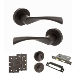STATUS Colorado Door Handle Pack (Bathroom Set - 3" CE Bathroom Lock, 4" Slim Knuckle Hinges x2) - Urban Dark Bronze