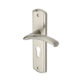 Heritage Brass Door Handle for Euro Profile Plate Centaur Design Satin Nickel finish