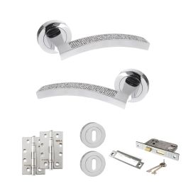 Senza Pari Crystal Door Handle Pack (3 Lever Lock Set - 2.5" CE Sashlock, 4" Slim Knuckle Hinges x2) - Polished Chrome