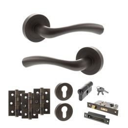STATUS Texas Door Handle Pack (Euro Lock Set - 2.5" CE Sashlock, 3" Fire Rated Hinges x3) - Urban Dark Bronze