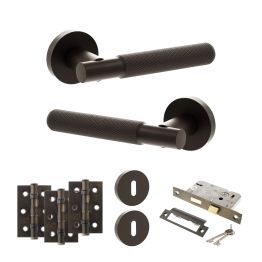 Senza Pari Rosarno Door Handle Pack (3 Lever Lock Set - 2.5" CE Sashlock, 3" Fire Rated Hinges x3) - Urban Dark Bronze