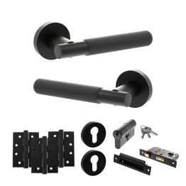 Senza Pari Rosarno Door Handle Pack (Euro Lock Set - 3" CE Sashlock, 4" Fire Rated Hinges x3) - Matt Black
