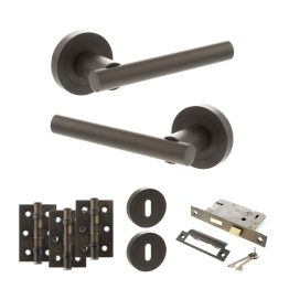STATUS Nebraska Door Handle Pack (3 Lever Lock Set - 2.5" CE Sashlock, 3" Fire Rated Hinges x3) - Urban Dark Bronze