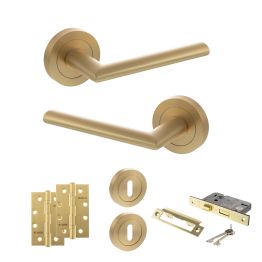 STATUS Alabama Door Handle Pack (3 Lever Lock Set - 3" CE Sashlock, 4" Slim Knuckle Hinges x2) - Satin Brass
