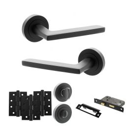 STATUS Alaska Door Handle Pack (Bathroom Set - 3" CE Bathroom Lock, 4" Fire Rated Hinges x3) - Matt Black