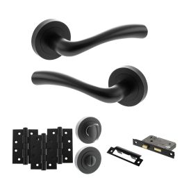 STATUS Texas Door Handle Pack (Bathroom Set - 2.5" CE Bathroom Lock, 4" Fire Rated Hinges x3) - Matt Black