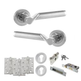 STATUS Hawaii Door Handle Pack (Euro Lock Set - 2.5" CE Sashlock, 4" Fire Rated Hinges x3) - Satin Chrome/Polished Chrome