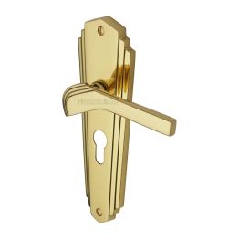 Heritage Brass Door Handle for Euro Profile Plate Waldorf Design Polished Brass finish