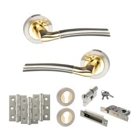 STATUS Indiana Door Handle Pack (Euro Lock Set - 3" CE Sashlock, 3" Fire Rated Hinges x3) - Satin Nickel/Polished Brass