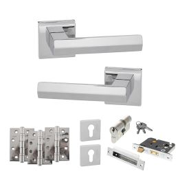 Senza Pari Davoli Door Handle Pack (Euro Lock Set - 2.5" CE Sashlock, 4" Fire Rated Hinges x3) - Polished Chrome