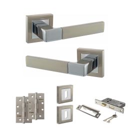 STATUS Montana Door Handle Pack (3 Lever Lock Set - 2.5" CE Sashlock, 4" Slim Knuckle Hinges x2) - Satin Nickel/Polished Chrome