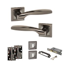 STATUS Oklahoma Door Handle Pack (3 Lever Lock Set - 3" CE Sashlock, 4" Slim Knuckle Hinges x2) - Black Nickel