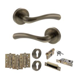 STATUS Texas Door Handle Pack (Euro Lock Set - 2.5" CE Sashlock, 4" Fire Rated Hinges x3) - Antique Brass
