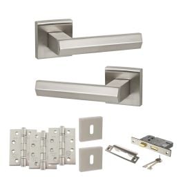 Senza Pari Davoli Door Handle Pack (3 Lever Lock Set - 2.5" CE Sashlock, 4" Fire Rated Hinges x3) - Satin Nickel