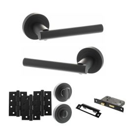 STATUS Nebraska Door Handle Pack (Bathroom Set - 2.5" CE Bathroom Lock, 4" Fire Rated Hinges x3) - Matt Black