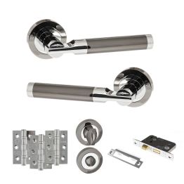 STATUS Dakota Door Handle Pack (Bathroom Set - 3" CE Bathroom Lock, 3" Fire Rated Hinges x3) - Black Nickel/Polished Chrome