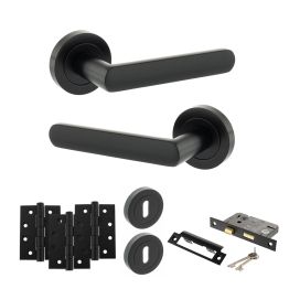 STATUS Carolina Door Handle Pack (3 Lever Lock Set - 2.5" CE Sashlock, 4" Fire Rated Hinges x3) - Matt Black
