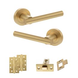 STATUS Nebraska Door Handle Pack (Latch Set - 3" CE Latch, 4" Slim Knuckle Hinges x2) - Satin Brass