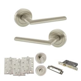 STATUS Alabama Door Handle Pack (Bathroom Set - 3" CE Bathroom Lock, 4" Fire Rated Hinges x3) - Satin Nickel