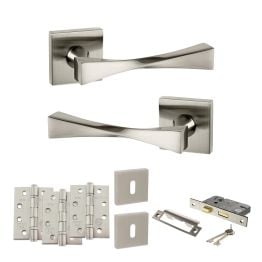 Senza Pari Guido Door Handle Pack (3 Lever Lock Set - 2.5" CE Sashlock, 4" Fire Rated Hinges x3) - Satin Nickel