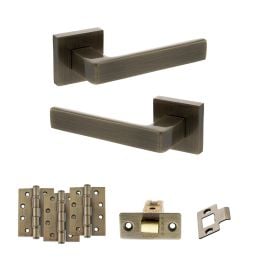 STATUS Montana Door Handle Pack (Latch Set - 3" CE Latch, 4" Fire Rated Hinges x3) - Antique Brass