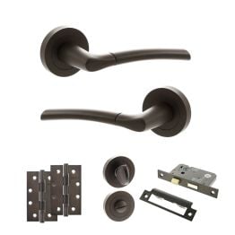 STATUS Indiana Door Handle Pack (Bathroom Set - 3" CE Bathroom Lock, 4" Slim Knuckle Hinges x2) - Urban Dark Bronze