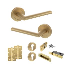 STATUS Alabama Door Handle Pack (Euro Lock Set - 2.5" CE Sashlock, 4" Slim Knuckle Hinges x2) - Satin Brass