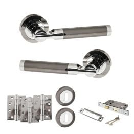 STATUS Dakota Door Handle Pack (3 Lever Lock Set - 3" CE Sashlock, 4" Fire Rated Hinges x3) - Black Nickel/Polished Chrome